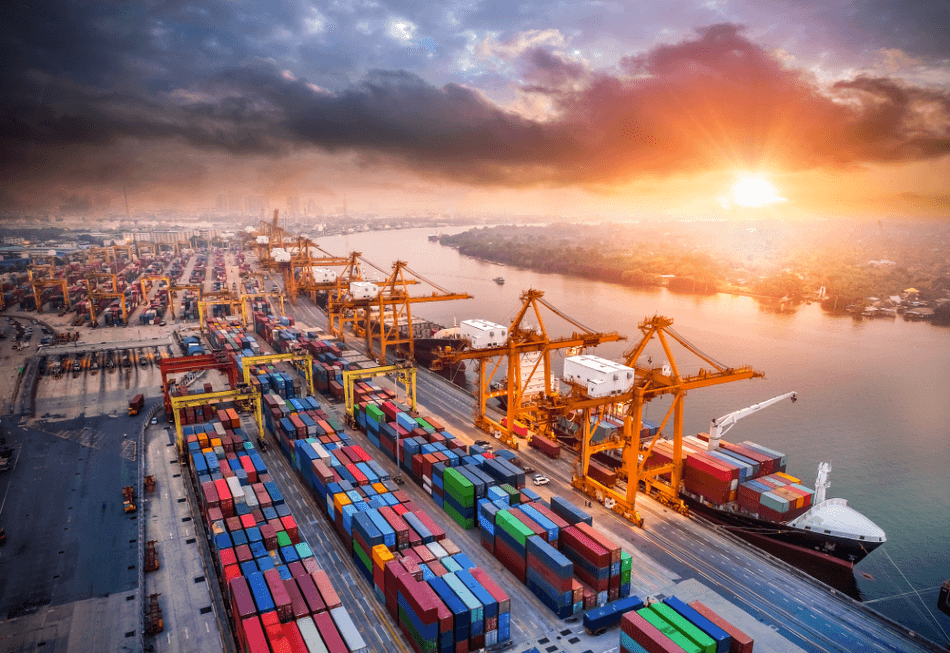 Container port at sunset